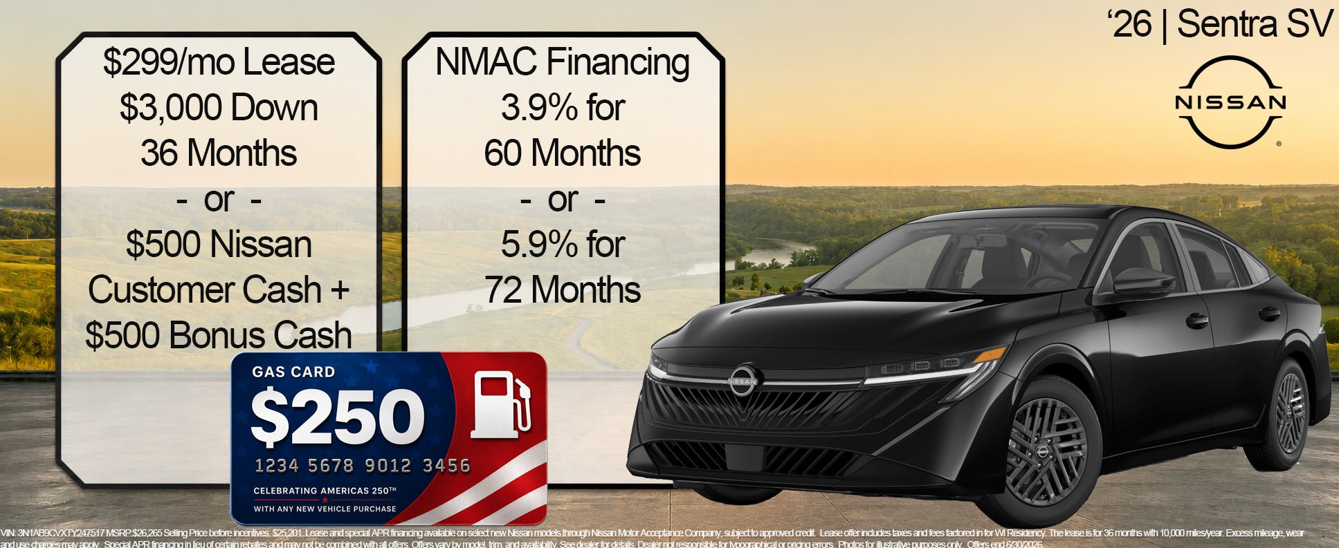 Nissan Sentra Ad. 299 per month lease